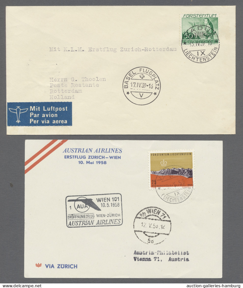 Flugpost Liechtenstein: 1930-1980, Erstflugbelege, 60 Verschiedene In Briefalbum, Vor 194 - Lotes/Colecciones