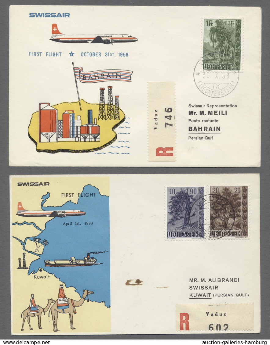 Flugpost Liechtenstein: 1930-1980, Erstflugbelege, 60 Verschiedene In Briefalbum, Vor 194 - Lotes/Colecciones