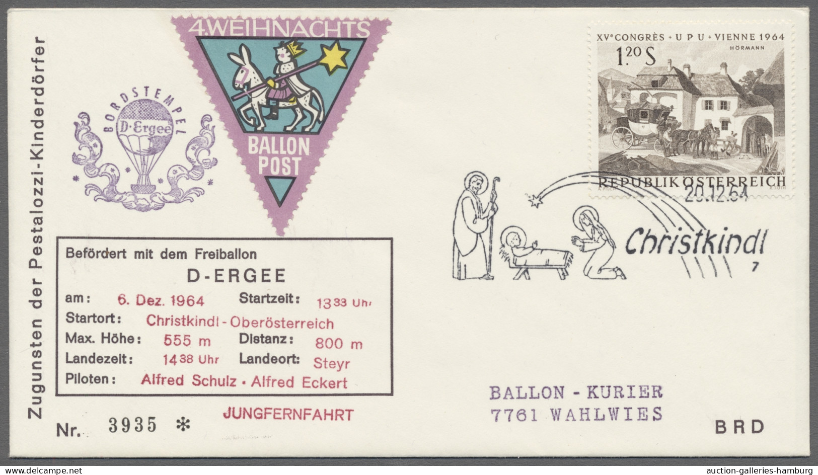 Air mail Balloon Mail: 1952-1986, Partie von 28 Ballonpostbelegen mit u.a. Christkindl-We