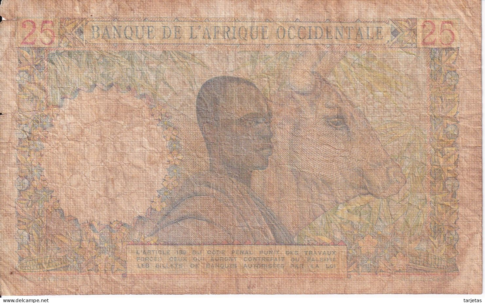BILLETE DE AFRIQUE OCCIDENTALE DE 25 FRANCS DEL AÑO 1951 (BANKNOTE) - États D'Afrique De L'Ouest