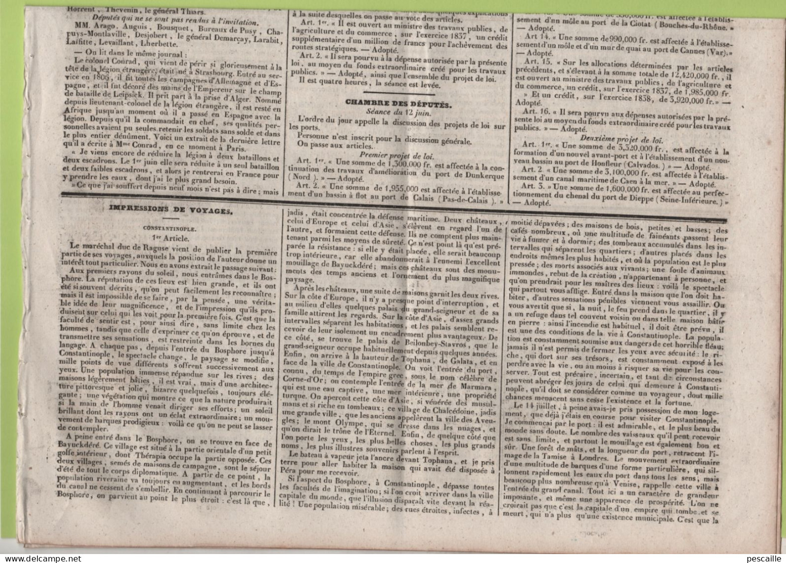 JOURNAL POLITIQUE TOULOUSE 18 06 1837 - COLONEL CONRAD LEGION ETRANGERE - CONSTANTINOPLE VOYAGE - LOI SUR LES PORTS ... - 1800 - 1849