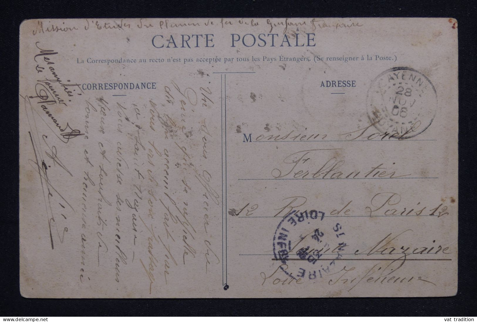 GUYANE - Type Tamanoir Sur Carte Postale De Cayenne Pour St Nazaire En 1906  - L 148084 - Cartas & Documentos