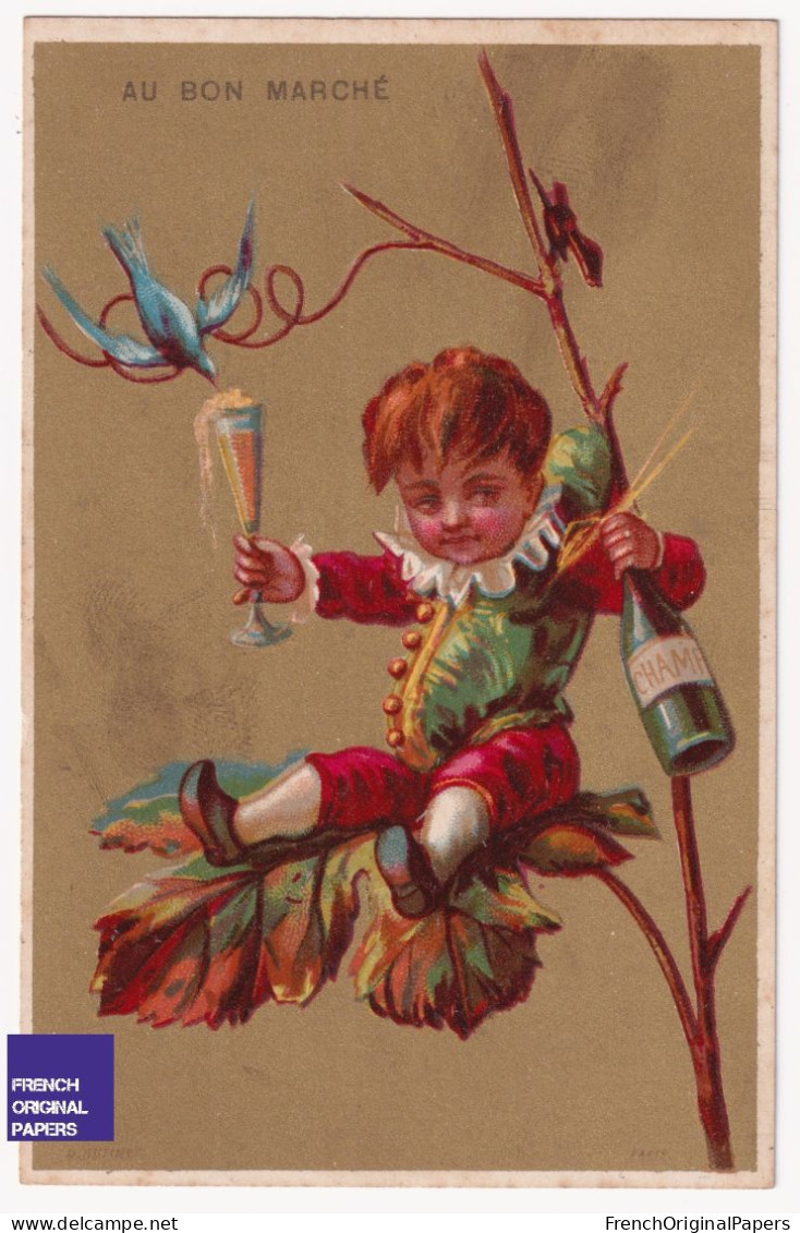 Rare Chromo Dorée 1880s Hutinet Au Bon Marché Paris Enfant Polichinelle Champagne Vin Arbre Oiseau Alcool A43-63 - Au Bon Marché