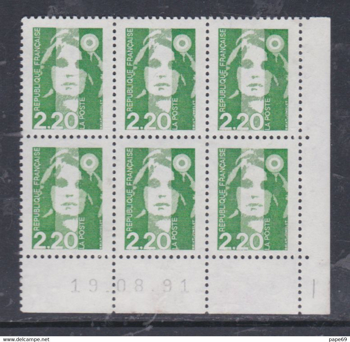 France N° 2714 XX Marianne De Briat 2 F. 20 Vert En Bloc De 6 Coin Daté Du 19 - 08 - 91 ;  Sans Charnière TB - 1990-1999