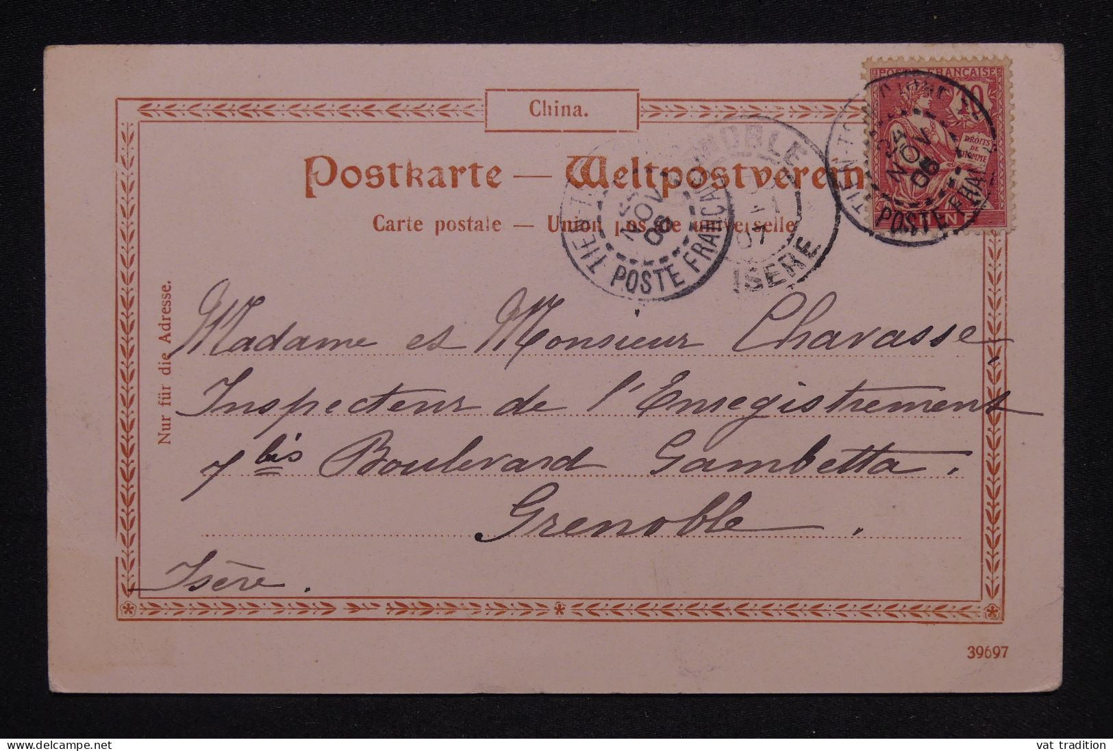 CHINE - Affranchissement Mouchon Sur Carte Postale De Tien Tsin En 1905 Pour Grenoble - L 148090 - Storia Postale
