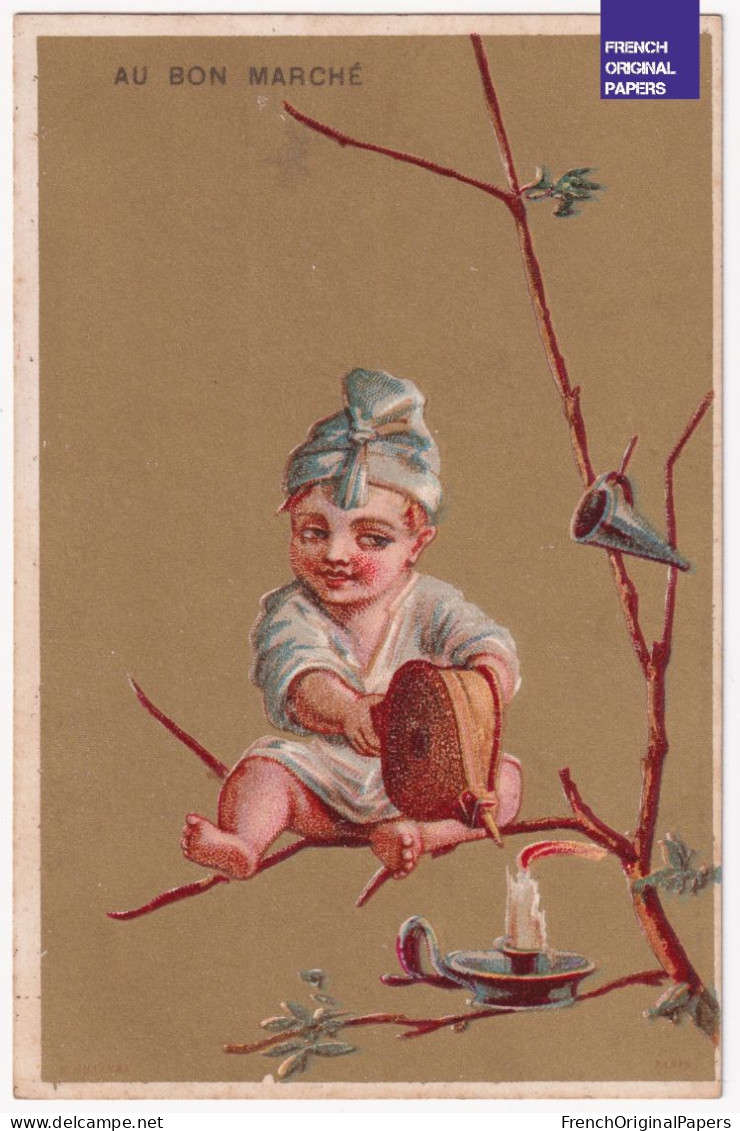 Rare Chromo Dorée 1880s Hutinet Au Bon Marché Paris Enfant Arbre Soufflet Bougie Bougeoir Sommeil Pyjama Art A43-66 - Au Bon Marché