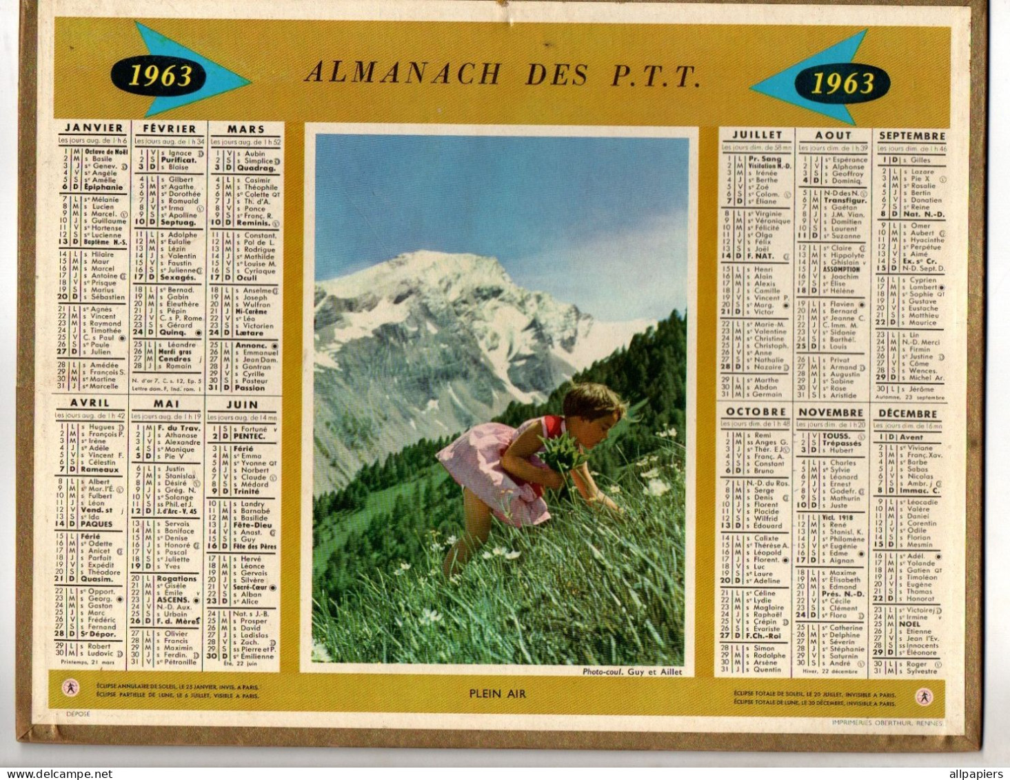 Calendrier Almanach Des P.T.T. 1963 Du Nord - Photo Plein Air - Format : 26.5x21 Cm - Groot Formaat: 1961-70