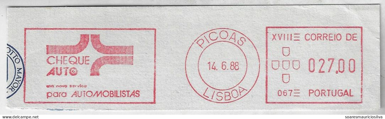 Portugal 1988 Cover Fragment Meter Stamp Hasler Mailmaster Slogan Check Auto A New Service For Motorists Lisbon Picoa - Covers & Documents