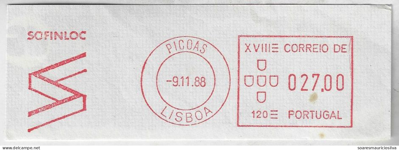 Portugal 1988 Cover Fragment Meter Stamp Hasler Mailmaster Slogan Sofinloc Credit Financial Institution Lisbon Picoa - Lettres & Documents