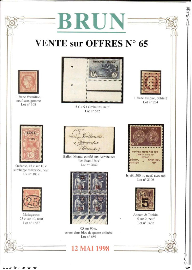 VENTES BRUN 1998  65e VENTE SUR OFFRES DU 12/5/1998 - Cataloghi Di Case D'aste