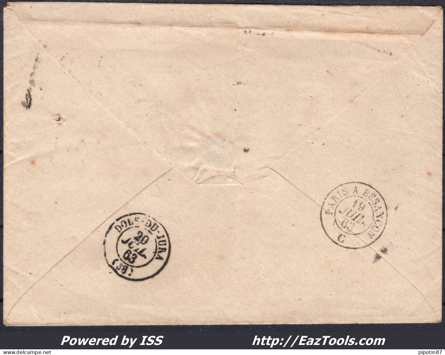 FRANCE N°21x2+22 SUR LETTRE AVEC LOSANGE BUREAU C DE PARIS + CAD DU 19/07/1863 - 1862 Napoleon III