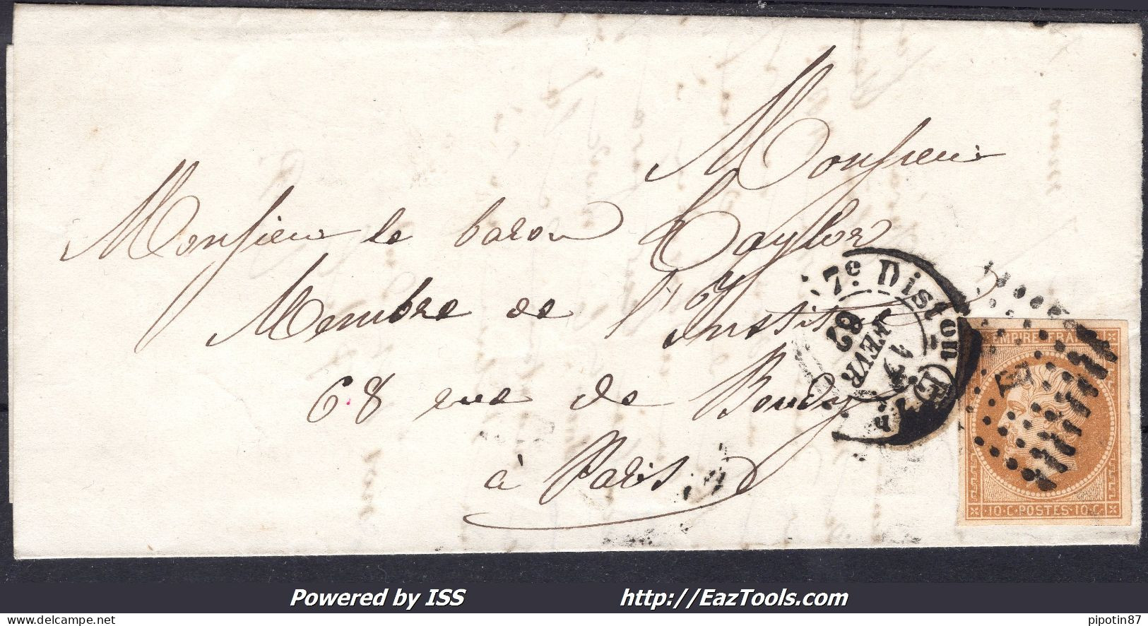 FRANCE N°13B SUR LETTRE AVEC BUREAU E ROMAIN DE PARIS + CAD 7E DISTRIBUTION DU 17/02/1862 - 1853-1860 Napoléon III.