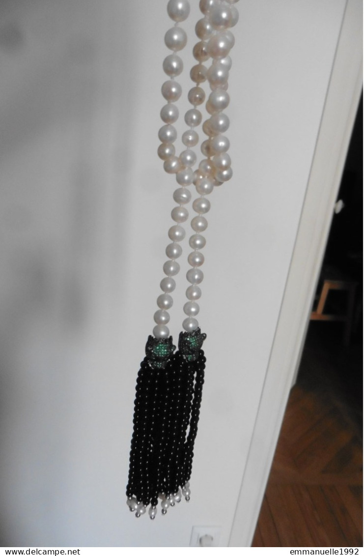 Collier écharpe Style Art Deco Perles D'eau Douce Blanc Nacré Têtes De Panthère Pompons Noirs - Necklaces/Chains