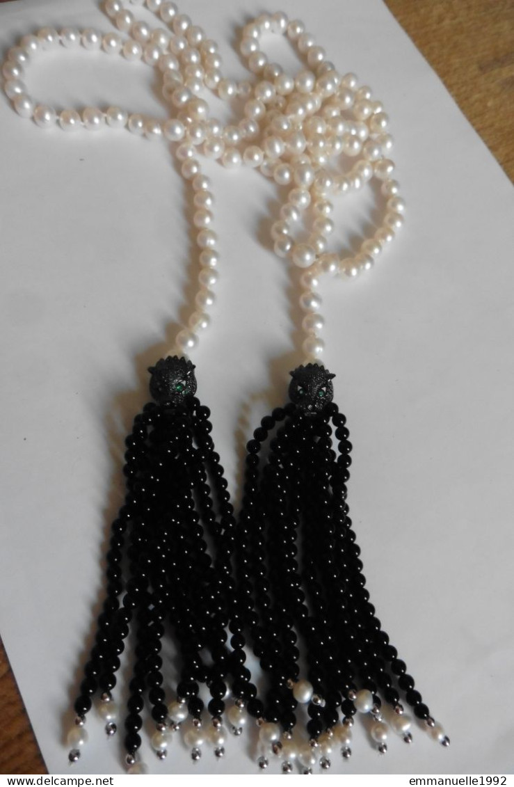 Collier écharpe Style Art Deco Perles D'eau Douce Blanc Nacré Têtes De Panthère Pompons Noirs - Collares/Cadenas