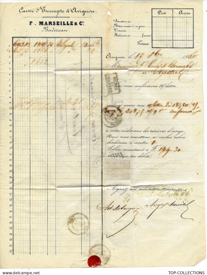 1861 BORDEREAU  CAISSE ESCOMPTE  F.Marseille à Avignon  Pour Roux De Bernabo Maitre De Forges à Rustrel  Vaucluse V.HIST - 1849-1876: Période Classique