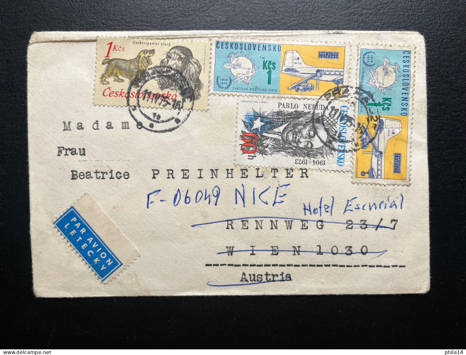 ENVELOPPE TCHECOSLOVAQUIE PRAHA POUR WIEN PUIS NICE 1975 - Storia Postale