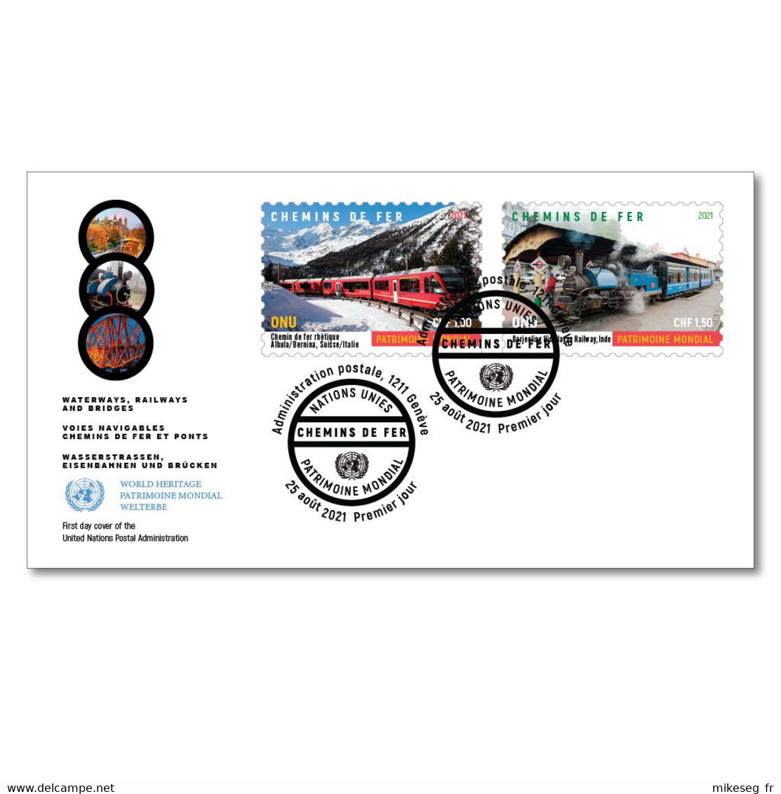 ONU Genève 2021 - UNESCO - Patrimoine Mondial ""Waterways, Railways And Bridges"" - FDC 2 Timbres Détachés De Feuille - FDC