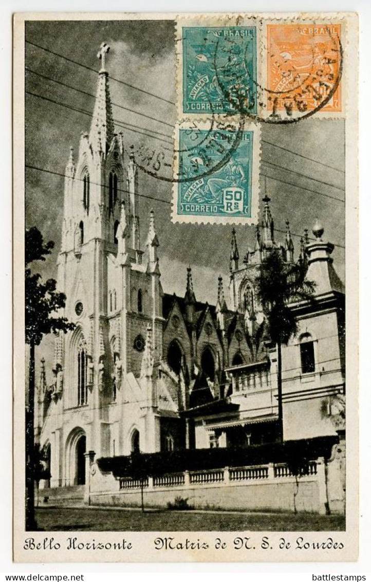 Brazil 1933 Postcard Belo Horizonte - Matriz De N.S. De Lourdes; 50r. & 100r. "Aviation" Stamps - Belo Horizonte