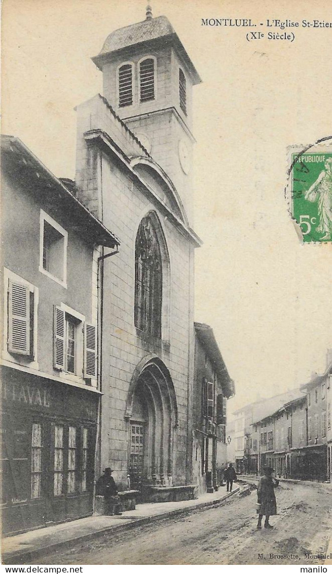 01 - MONTLUEL - Eglise St Etienne  Editeur M. BROSSETTE Montluel     Voy. En 1913 - Montluel