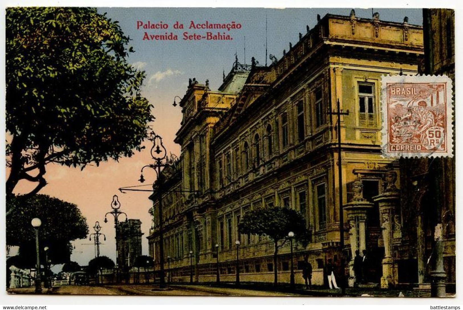 Brazil 1926 Postcard Bahia - Palacio Da Acclamação, Avenida Sete-Bahia; 50r. "Industry" Stamp - Salvador De Bahia