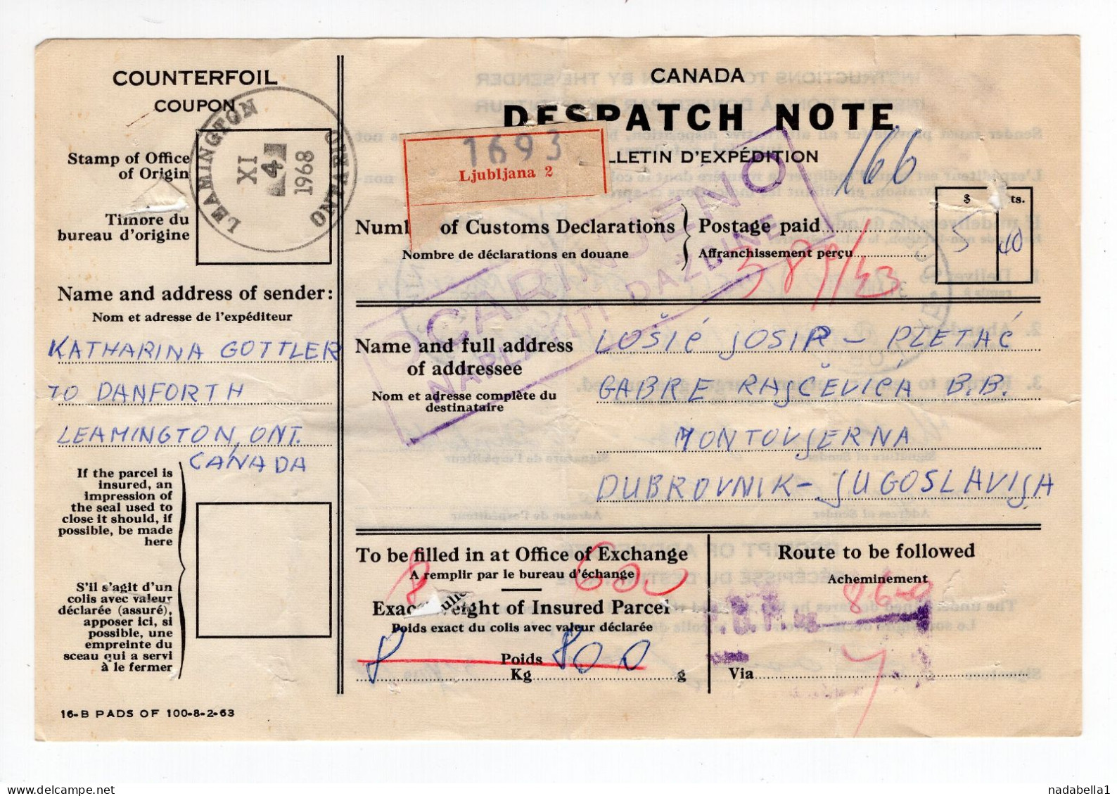 1968. YUGOSLAVIA,CROATIA,DUBROVNIK,DESPATCH NOTE,CANADA TO YUGOSLAVIA,CUSTOM IN LJUBLJANA - Cartas & Documentos