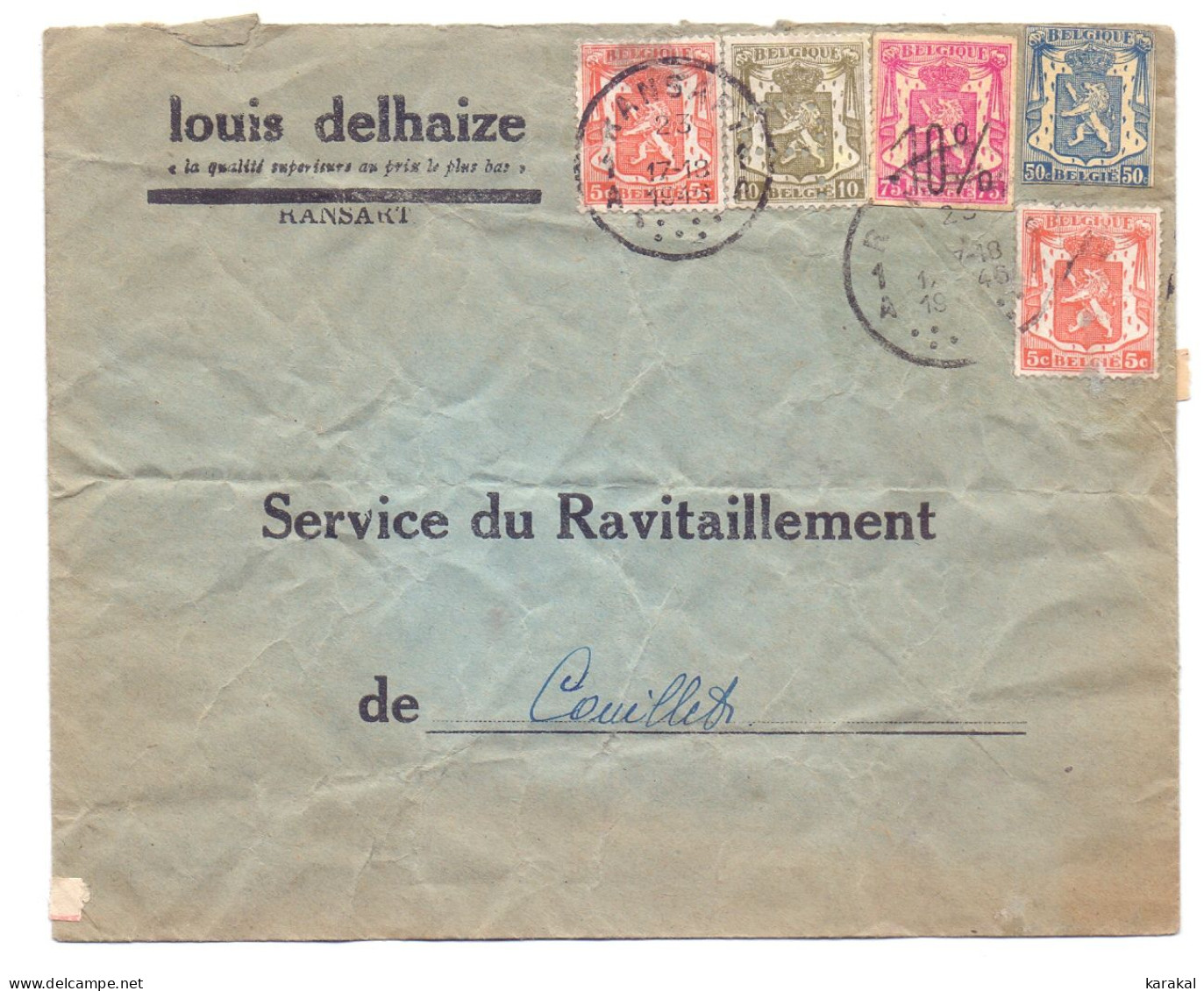 Belgique 419 420 Petit Sceau 5c 10c Moins 10% Lettre Louis Delhaize Service De Ravitaillement Ransart Couillet 1946 - 1946 -10%