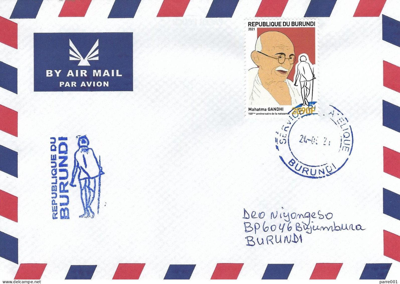 Burundi 2021 Bujumbura Mahatma Gandhi 2090f Special Handstamp Cover - Mahatma Gandhi