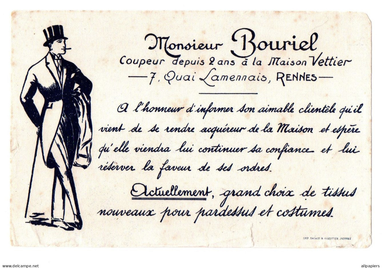 Buvard Monsieur Bouriel Coupeur Depuis 2 Ans à La Maison Vettier Rennes - Format : 21x14 Cm - Textile & Vestimentaire