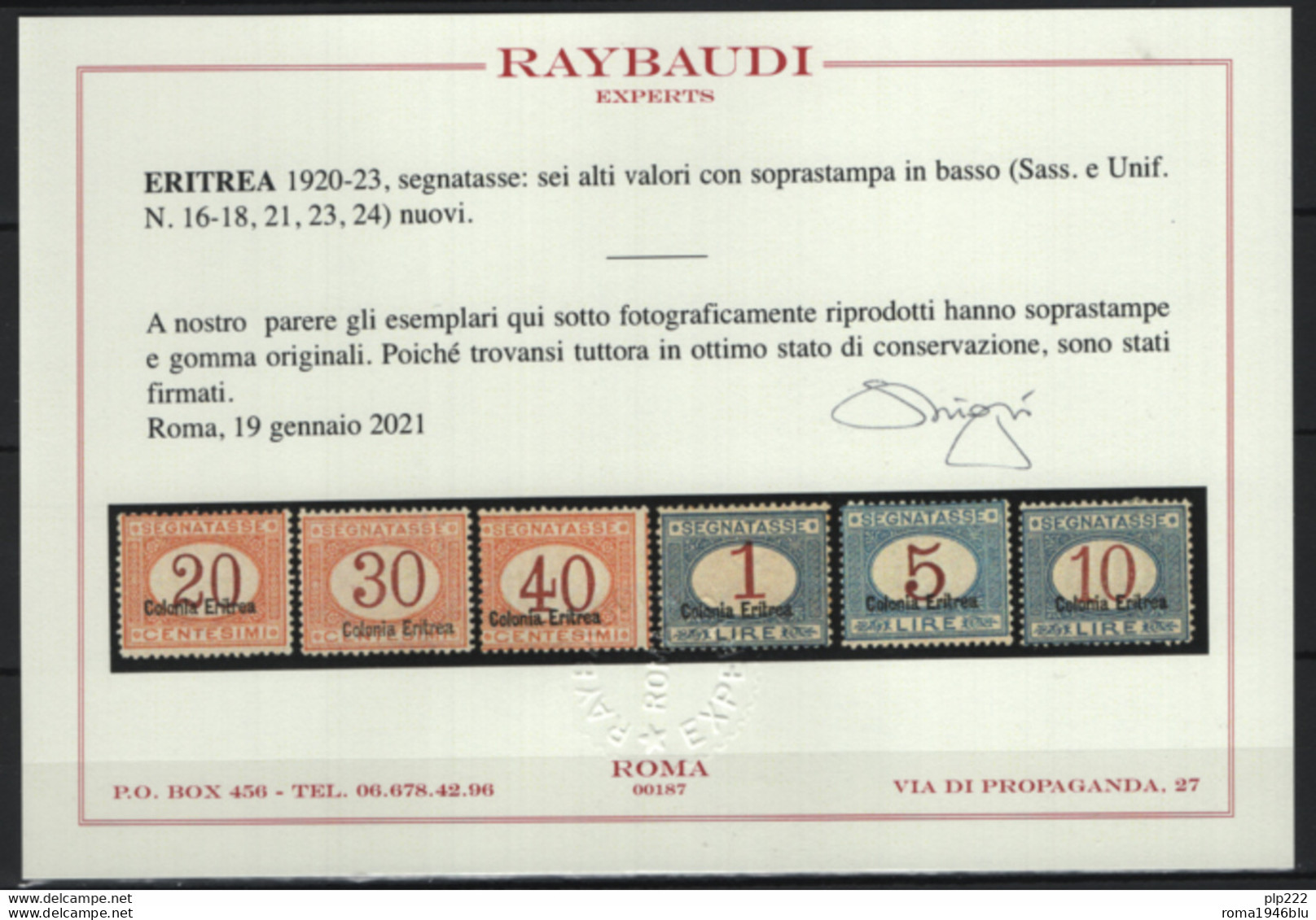 Eritrea 1920 Segnatasse Sass.S14/21,23/24 */MH VF/F - Cert.Raybaudi - Erythrée