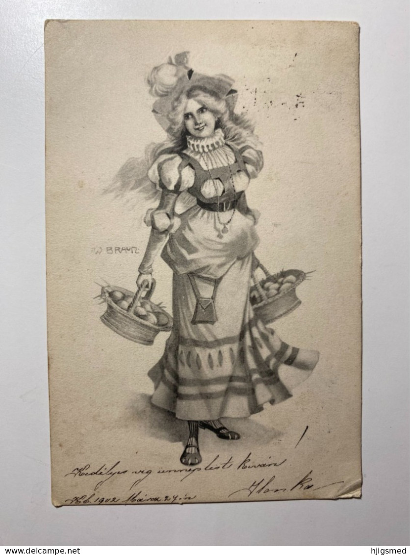 Lady With Basket Fancy Clothes Smile Easter Egg Eggs W Braun Signed Graphic Art 17277 Post Card POSTCARD - Braun, W.