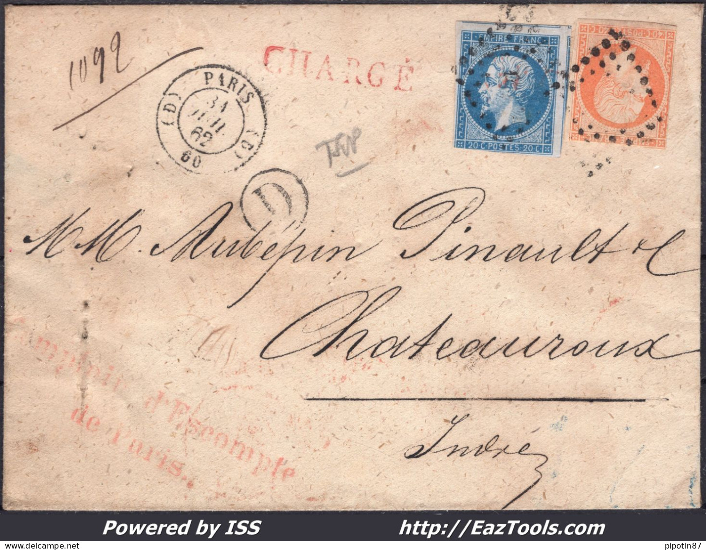 FRANCE N°14B+16 SUR LETTRE CHARGÉE AVEC LOSANGE BUREAU D DE PARIS + CAD DU 31/07/1862 - 1853-1860 Napoleon III