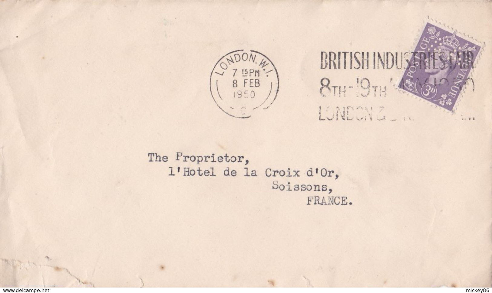 G-B--1950--lettre De LONDON  Pour Soissons-02 (France)---timbre Perforé AA Seul Sur Lettre , Cachet  Date  8-2-1950-- - Covers & Documents