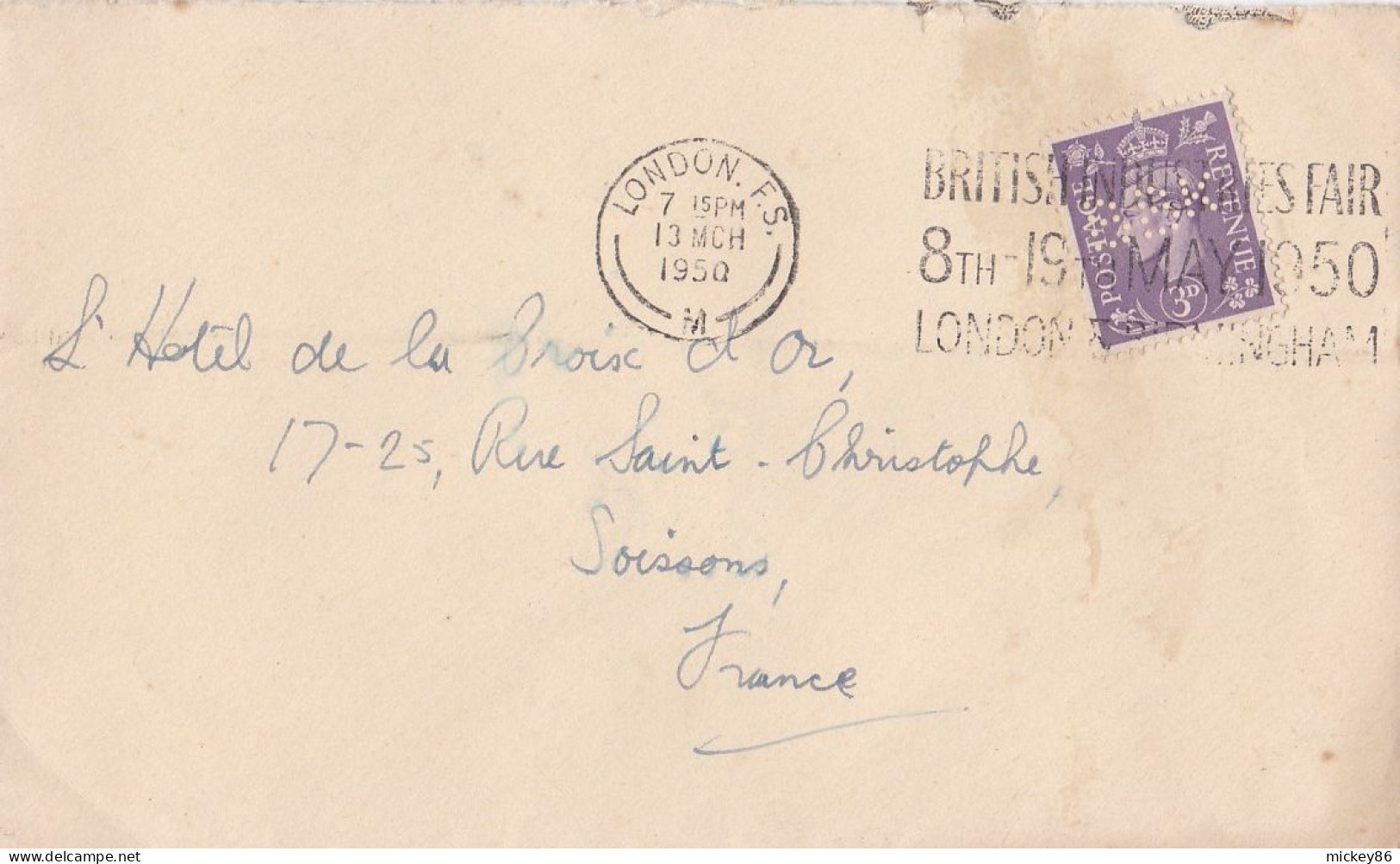 G-B--1950--lettre De LONDON  Pour Soissons-02 (France)---timbre Perforé BBK Seul Sur Lettre  , Cachet  Date  13-3-1950-- - Lettres & Documents