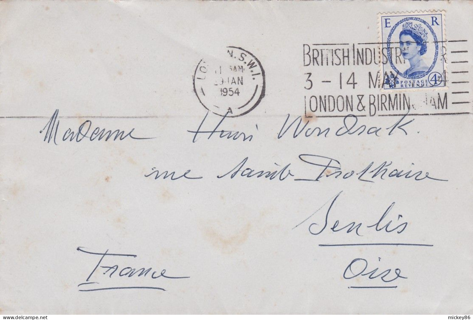 G-B--1954--lettre De LONDON  Pour Soissons-02 (France)---timbre Seul Sur Lettre  , Cachet  Date  19-1-1954-- - Lettres & Documents