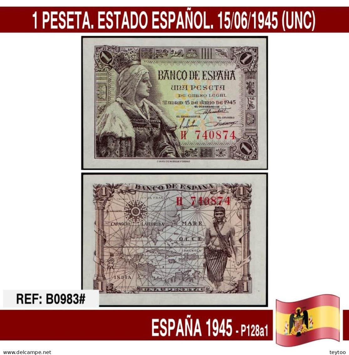 B0983# España 1945. 1 Pts. Estado Español (UNC) P-128a1 - 1-2 Pesetas