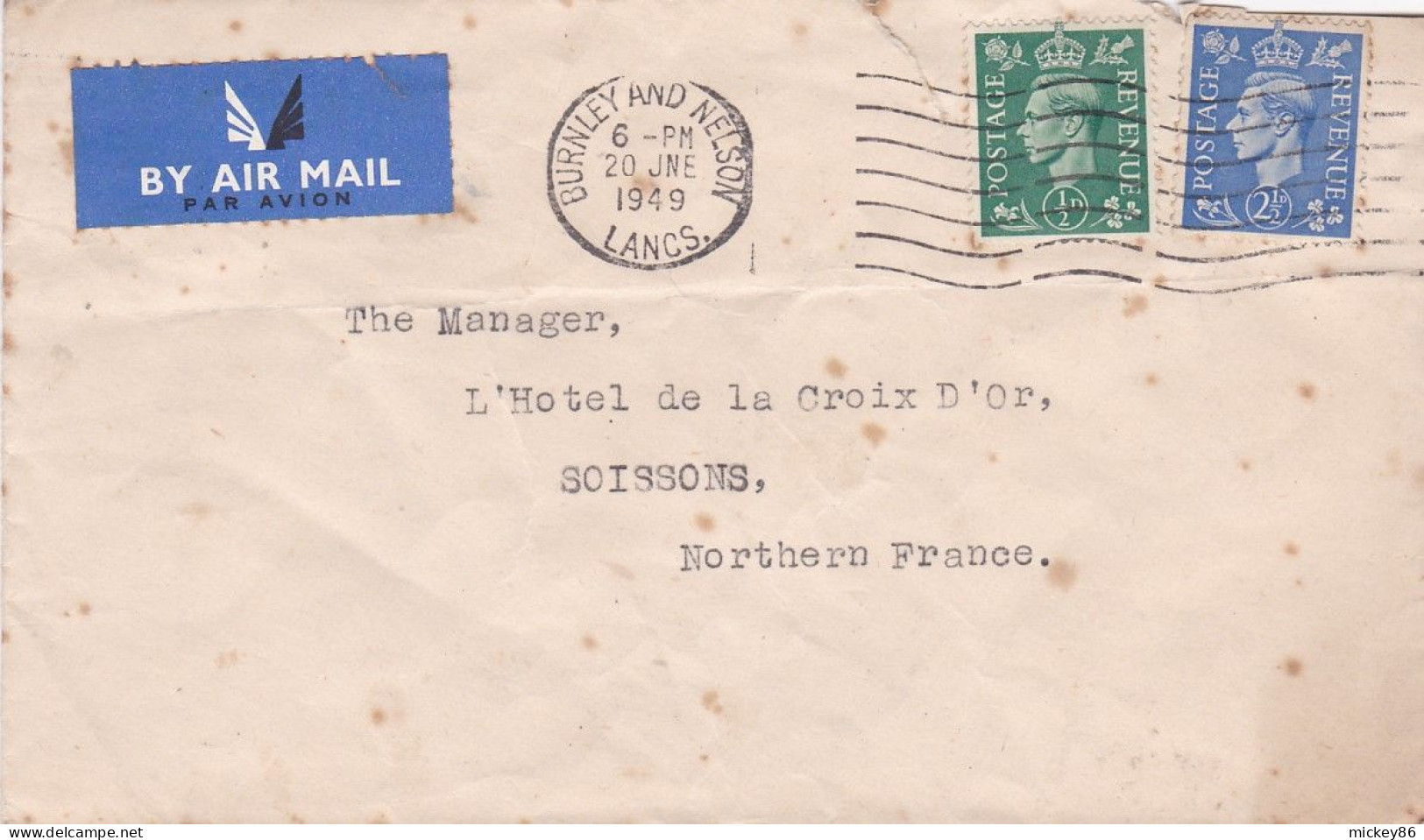 G-B-1949- Lettre BURNLEY AND NELSON  Pour Soissons-02 (France)-timbres ,cachet  Date  20-6-1949-- - Covers & Documents