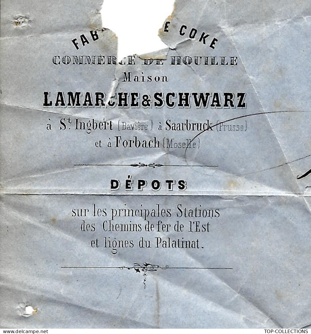 1863  ENTETE COKE HOUILLE CHARBON LAMARCHE SCHWARZ à St Ingbert Bavière Saarbruck Prusse & Forbach Moselle > Wasselonne - 1800 – 1899