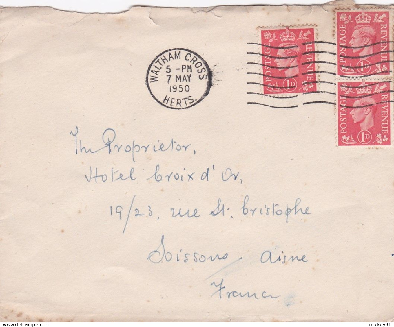 G-B-1950--- Lettre  WALTHAM CROSS  Pour Soissons-02 (France)-timbres ,cachet  Date  7-5 -1950-- - Covers & Documents