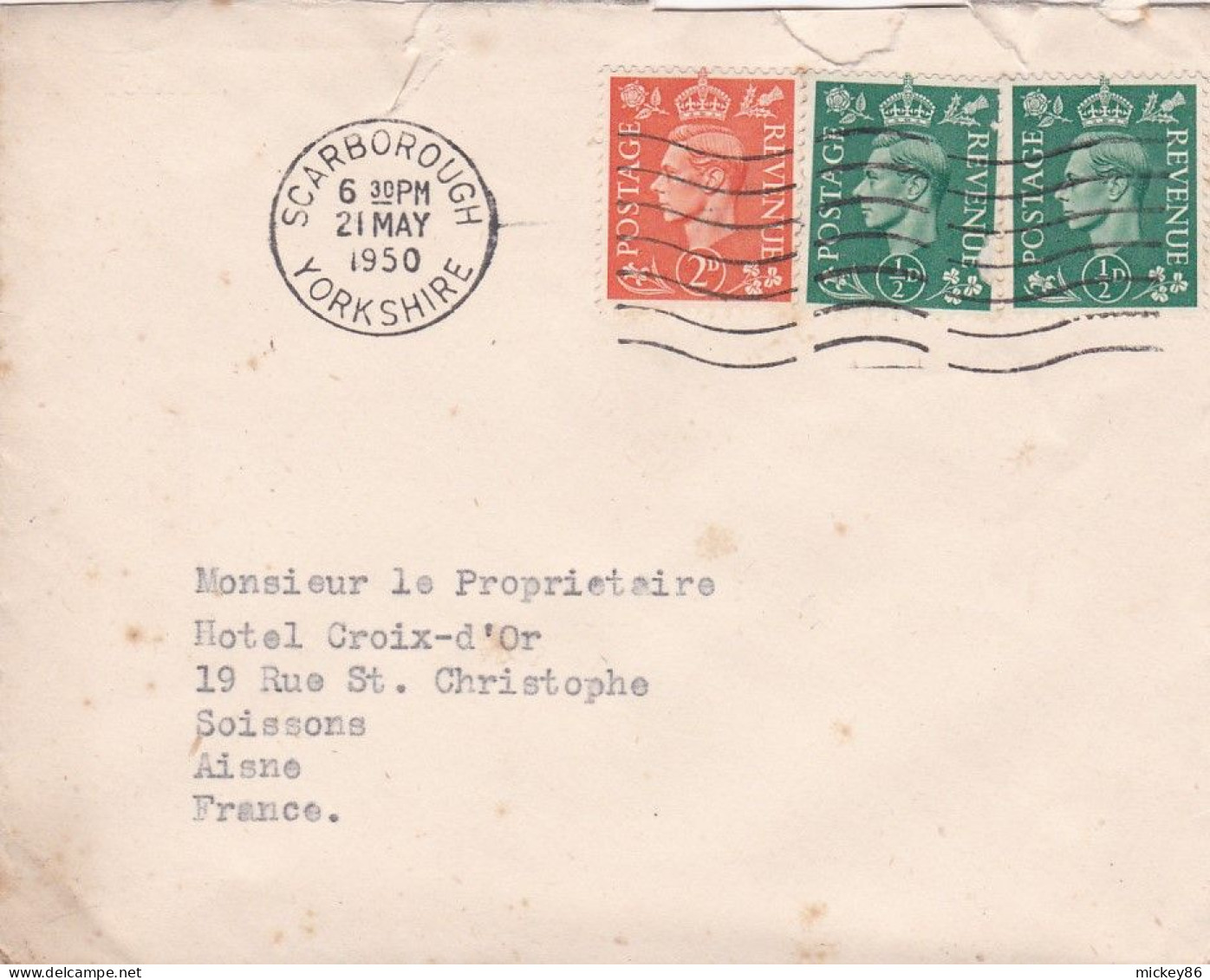 G-B- 1950--- Lettre SCARBOROUGH   Pour Soissons-02 (France)-timbres ,cachet  Date  21- 5 -1950-- - Lettres & Documents