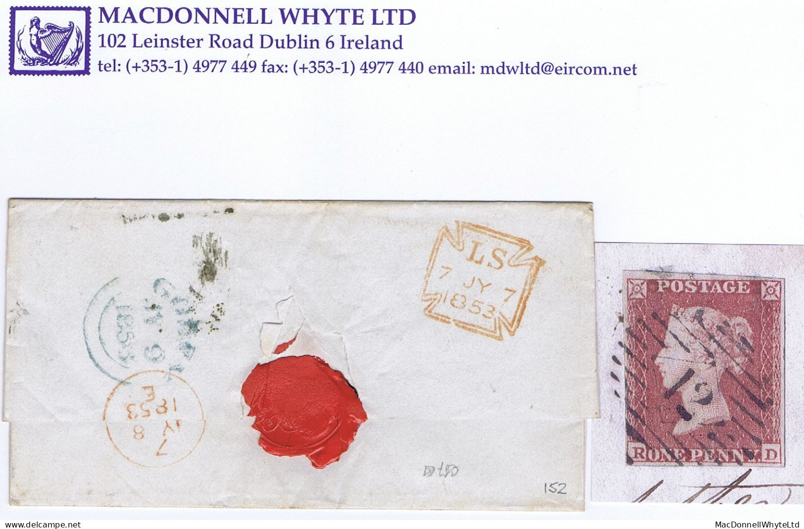 Great Britain 1852 Imperf 1d Red Plate 152 RD Four Margins, Used On Cover To Gorey, Tied London Inland "14" - Storia Postale