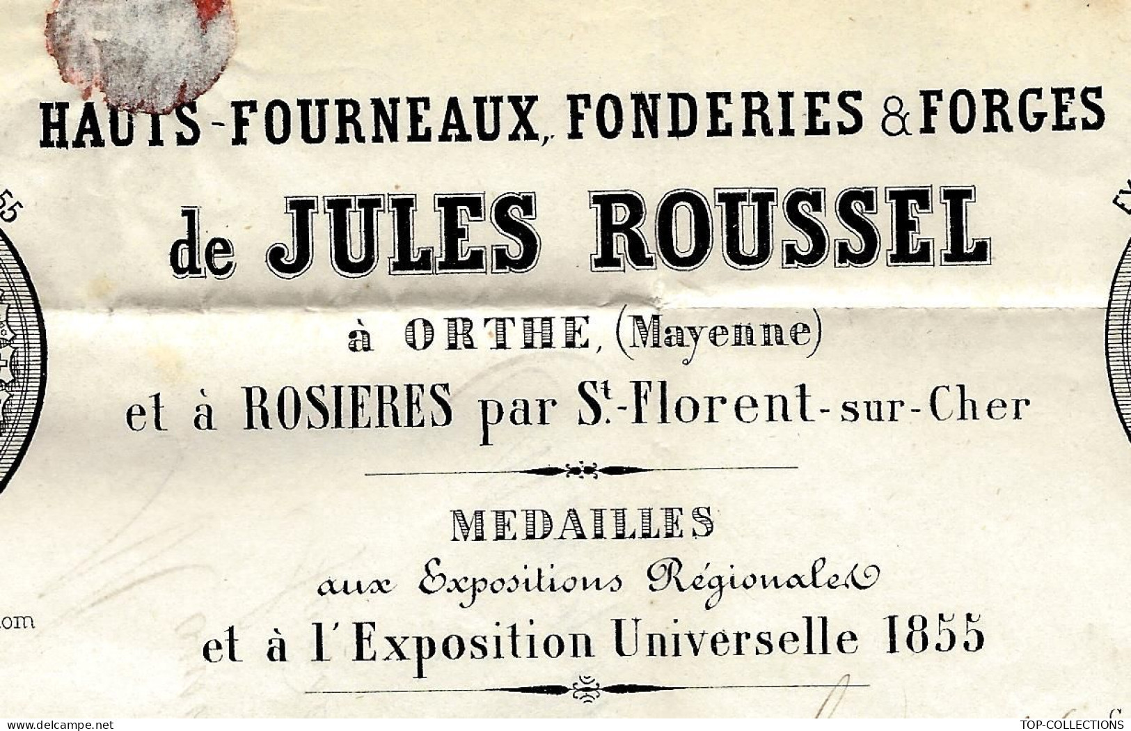 1875  ENTETE HAUTS FOURNEAUX J. Roussel Orthe Mayenne Rosieres Par St Florent Sur Cher Cher >Merckelbach Perrier Laval - 1800 – 1899