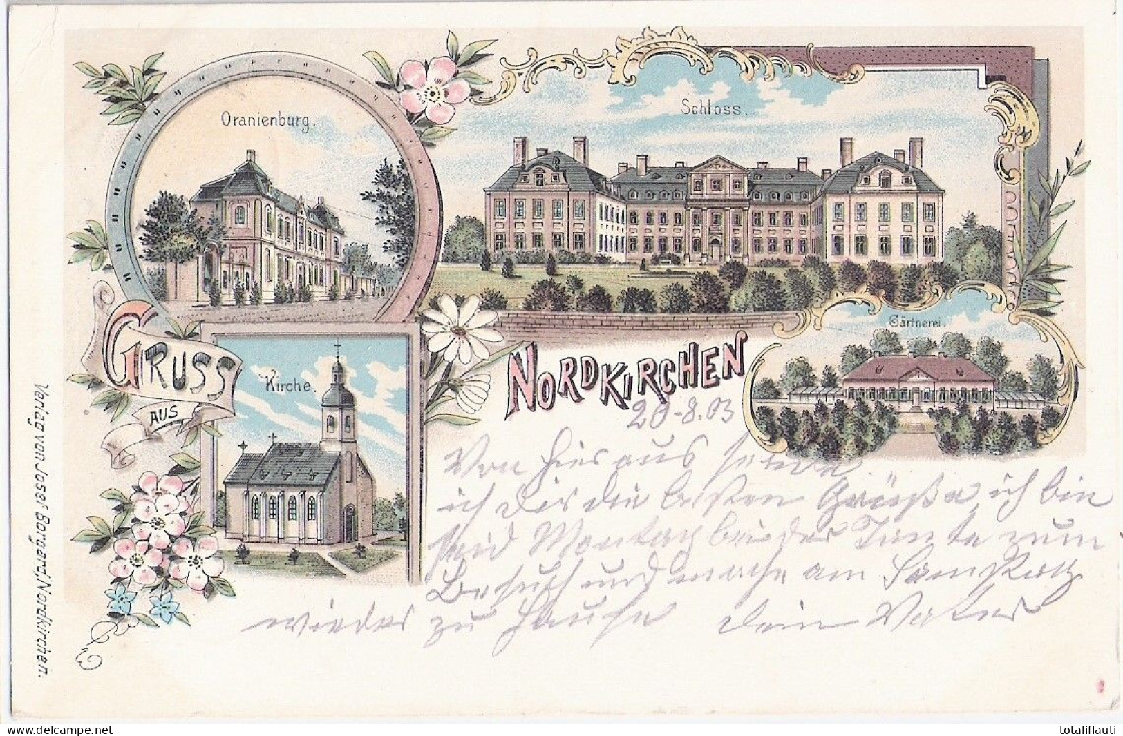 Gruss Aus NORDKIRCHEN  Kreis Coesfeld Color Lithographie Oranienburg Schloss Kirche Gärtnerei 21.8.1903 Gelaufen - Coesfeld