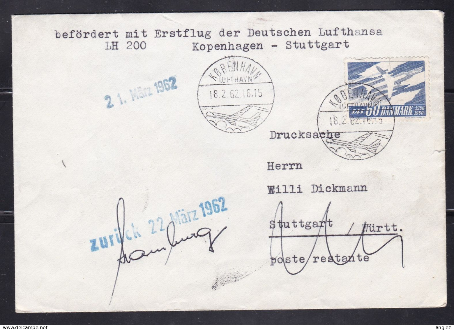 Denmark - 1962 Lufthansa First Flight Cover LH200 Copenhagen To Stuttgart Germany - Luchtpostzegels