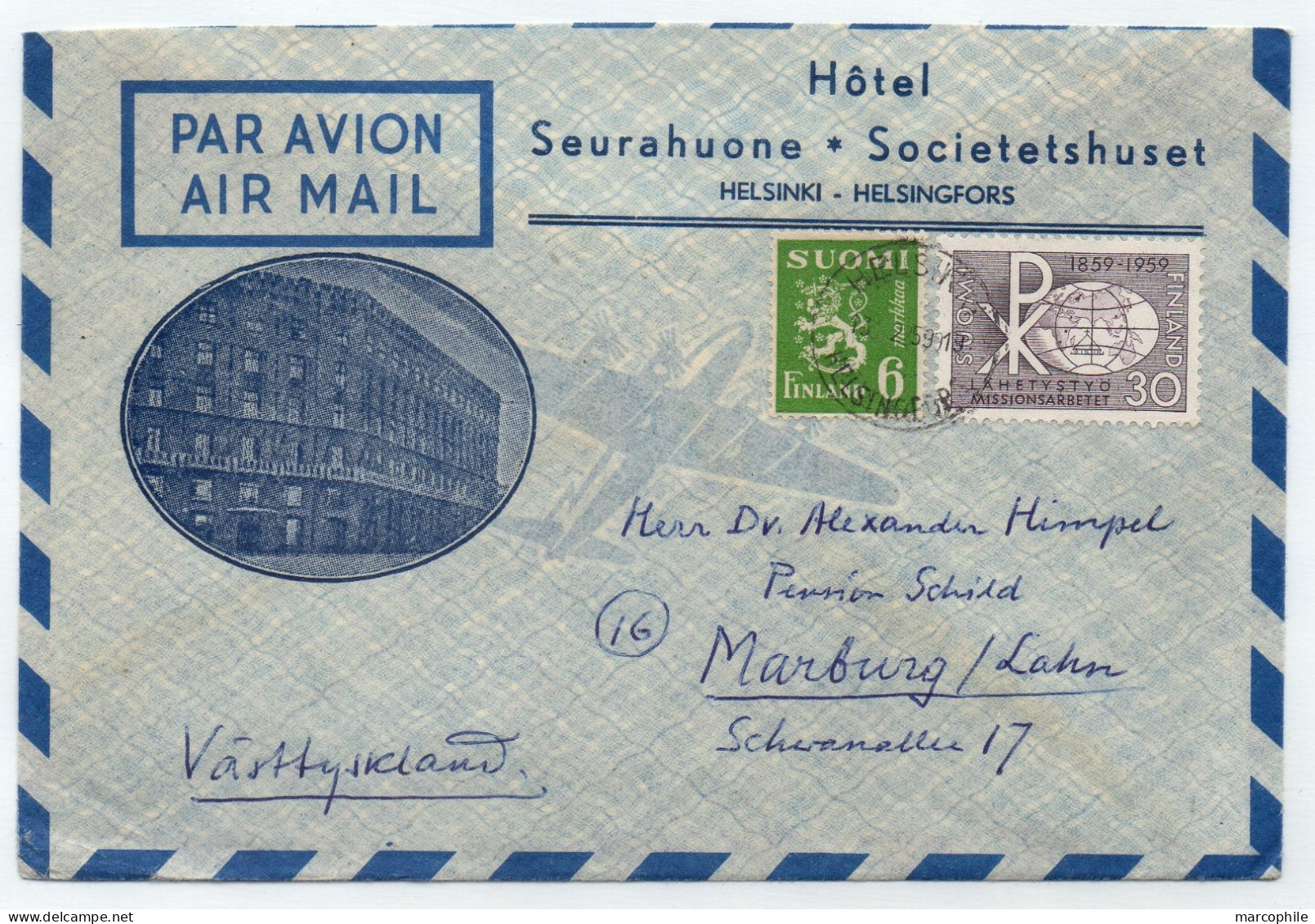 HOTEL / 1959 FINLANDE ENVELOPPE AVION ILLUSTREE POUR L ALLEMAGNE (ref LE4206) - Hotels, Restaurants & Cafés