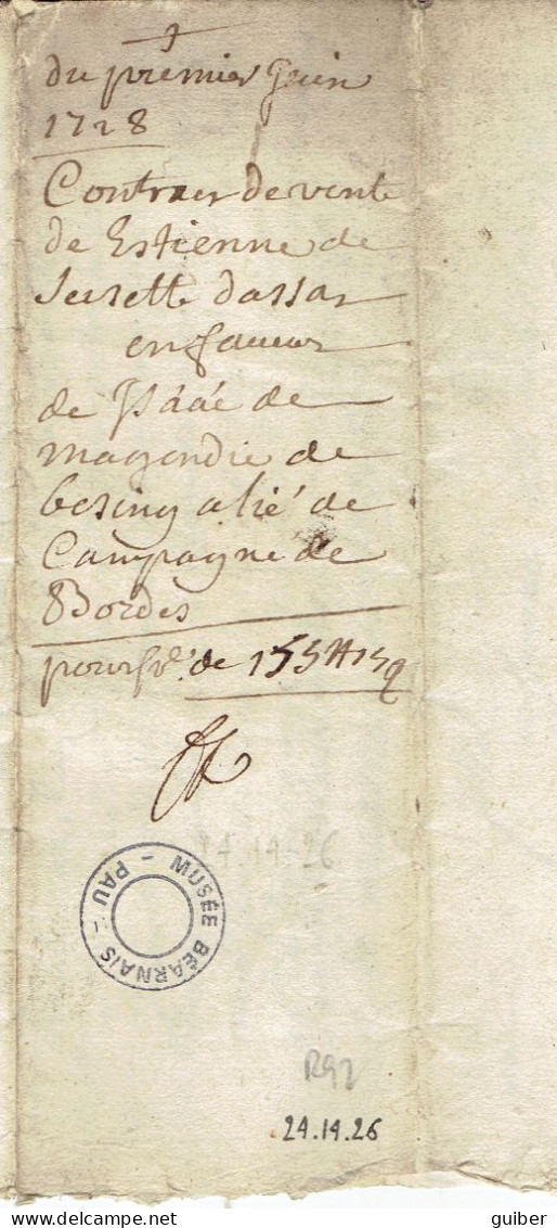 64 Bordes Bearn Contrat De Vente  Premier Juin 1728 - Manuscritos