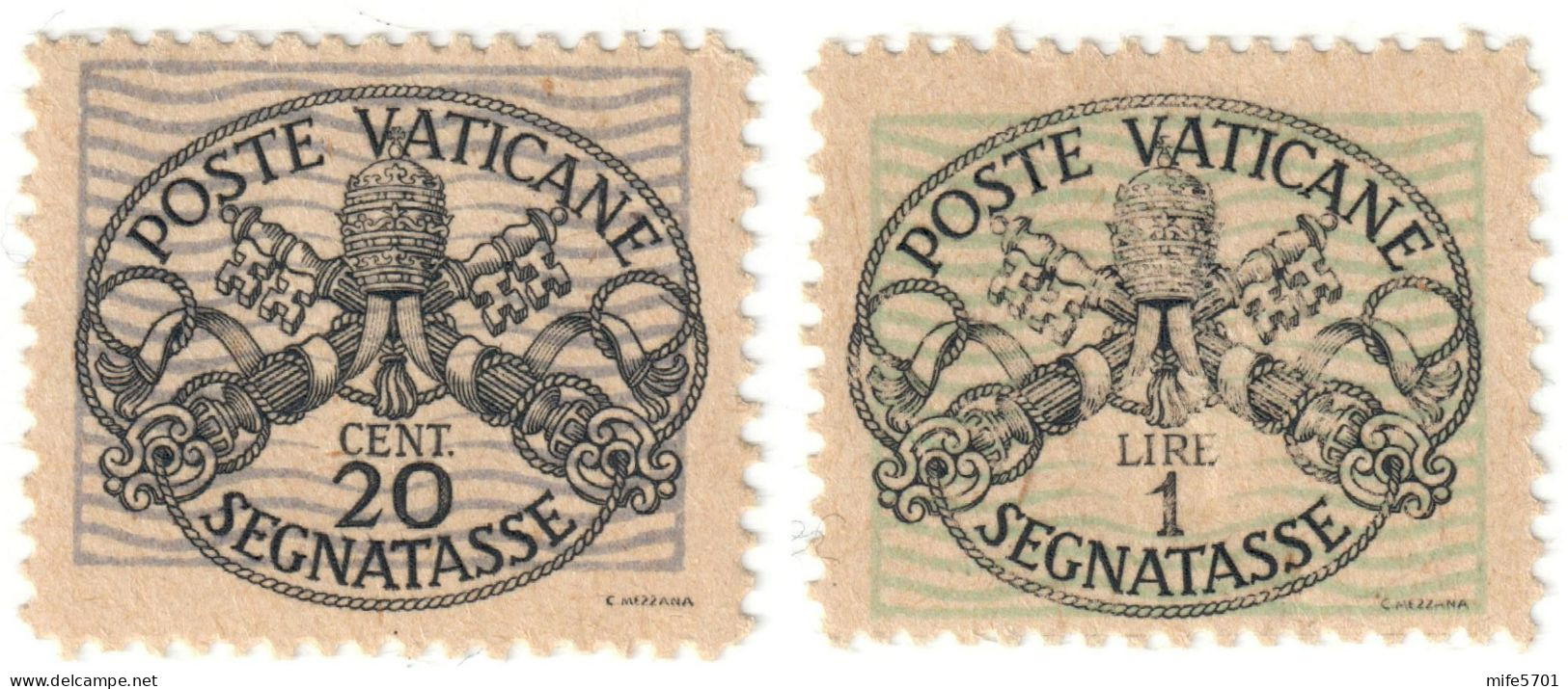 VATICANO 1945 SEGNATASSE C. 20 COLORE VIOLETTO CHIARO E L. 1 VERDE CHIARO - CARTA BIANCA - MLH * - SASSONE 8 E 10 - Impuestos