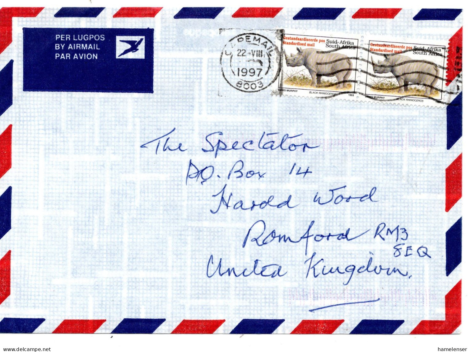 60469 - Suedafrika - 1997 - 2@"Standardised Mail" A LpBf CAPEMAIL -> Grossbritannien - Rinoceronti