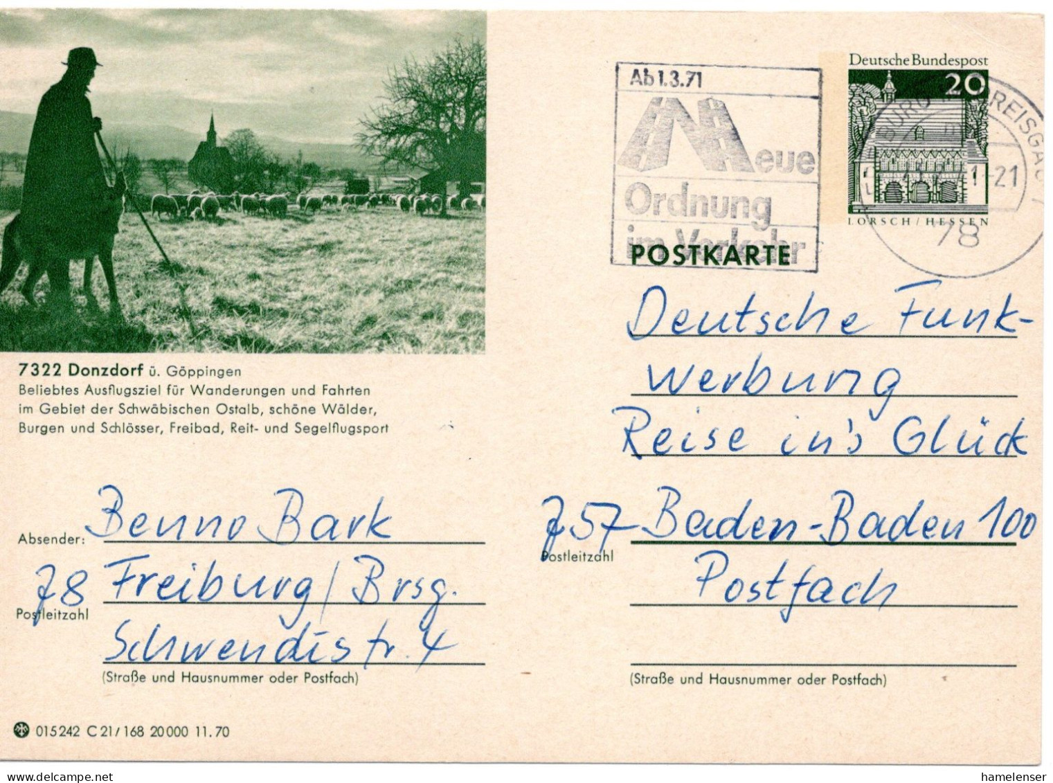 60486 - Bund - 1971 - 20Pfg Gr.Bauten GABildKte "Donzdorf / Schafherde" FREIBURG - ... -> Baden-Baden - Sonstige & Ohne Zuordnung