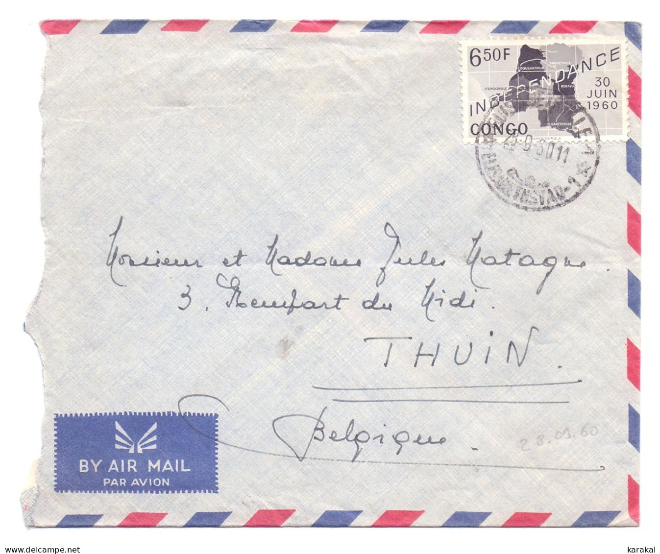 KATANGA 379 Indépendance 6f50 De Elisabethville à Thuin Belgique 1960 - Katanga