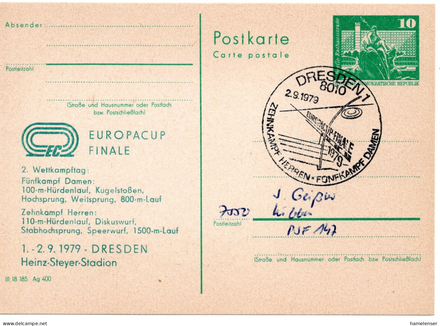 60498 - DDR - 1979 - 10Pfg Gr.Bauten GAKte M Zudruck SoStpl DRESDEN - ZEHNKAMPF HERREN ... -> Luebben - Atletica